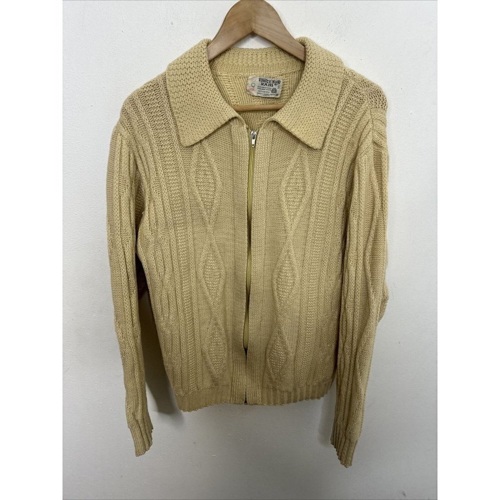 Vintage White Ram Cable Knit Woman M Wool Cardigan Zip Fisherman 70s